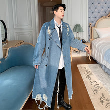Load image into Gallery viewer, Men Vintage Fashion Streetwear Hip Hop Loose Long Denim Windbreaker Jacket Male Hole Punk Gothic Jean Trench Coat Overcoat