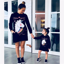 Load image into Gallery viewer, Unicorn Print Mother Daughter Dress Long-Sleeved Mommy and Me Hooded Sweatshirt Kids Dresses for Girls Family Matching Clothes