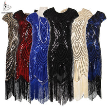 Load image into Gallery viewer, Womens 1920s Vintage Flapper Great Gatsby Party Dress V-Neck Sleeve Sequin Fringe Midi Dresses Summer Art Deco Embellished