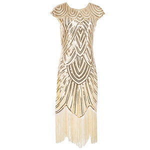 Womens 1920s Vintage Flapper Great Gatsby Party Dress V-Neck Sleeve Sequin Fringe Midi Dresses Summer Art Deco Embellished