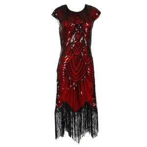 Womens 1920s Vintage Flapper Great Gatsby Party Dress V-Neck Sleeve Sequin Fringe Midi Dresses Summer Art Deco Embellished