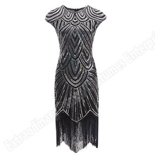 Load image into Gallery viewer, Womens 1920s Vintage Flapper Great Gatsby Party Dress V-Neck Sleeve Sequin Fringe Midi Dresses Summer Art Deco Embellished