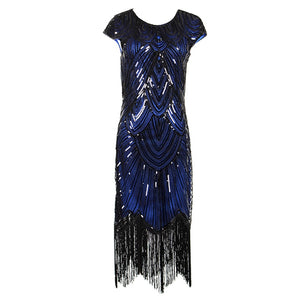 Womens 1920s Vintage Flapper Great Gatsby Party Dress V-Neck Sleeve Sequin Fringe Midi Dresses Summer Art Deco Embellished