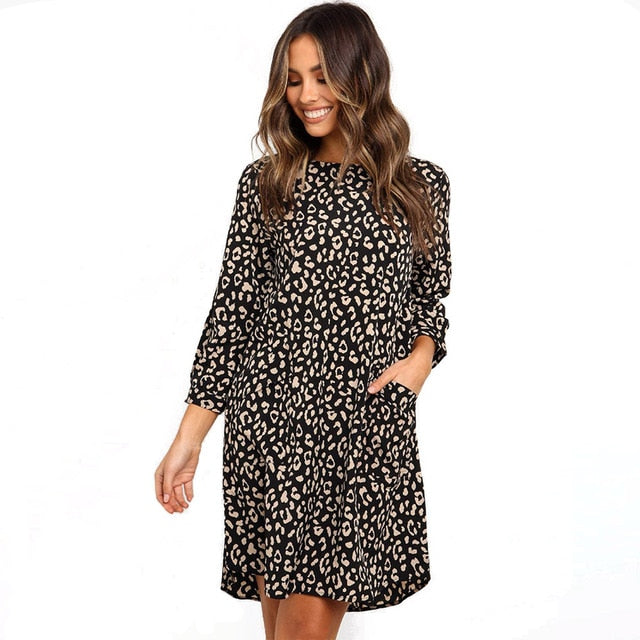 VOZRO Autumn Leisure Time Leopard In Round Neck Long Sleeve Winter Maxi Party Dress Women Vestidos Clothes Befree Vintage